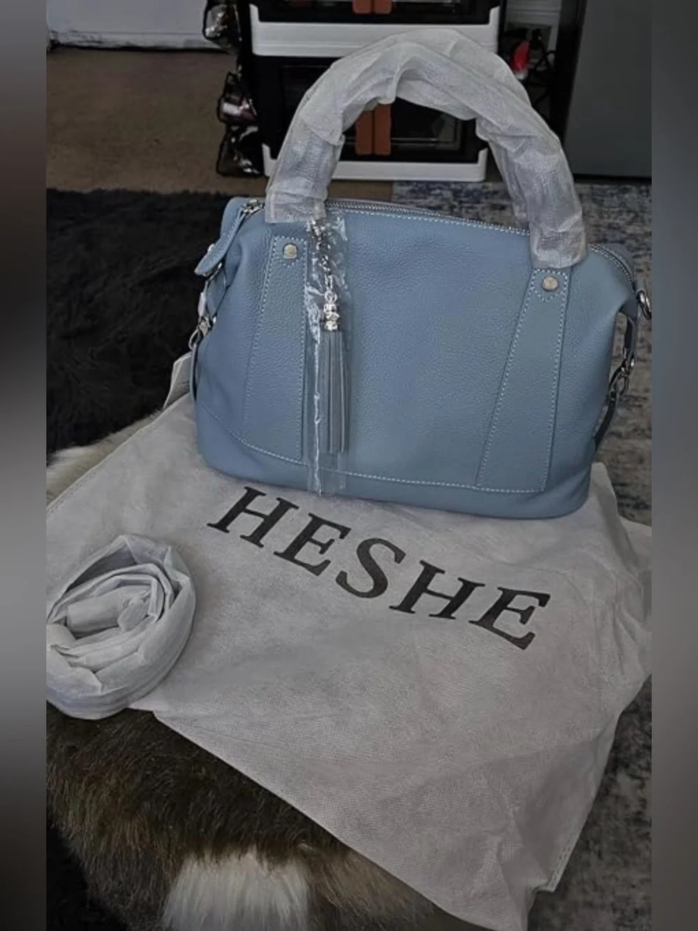 Light Blue Leather Satchel Handbag with Tassel